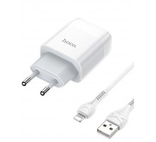 Сетевое зарядное устройство HOCO C73A 2xUSB + кабель для iPhone белый